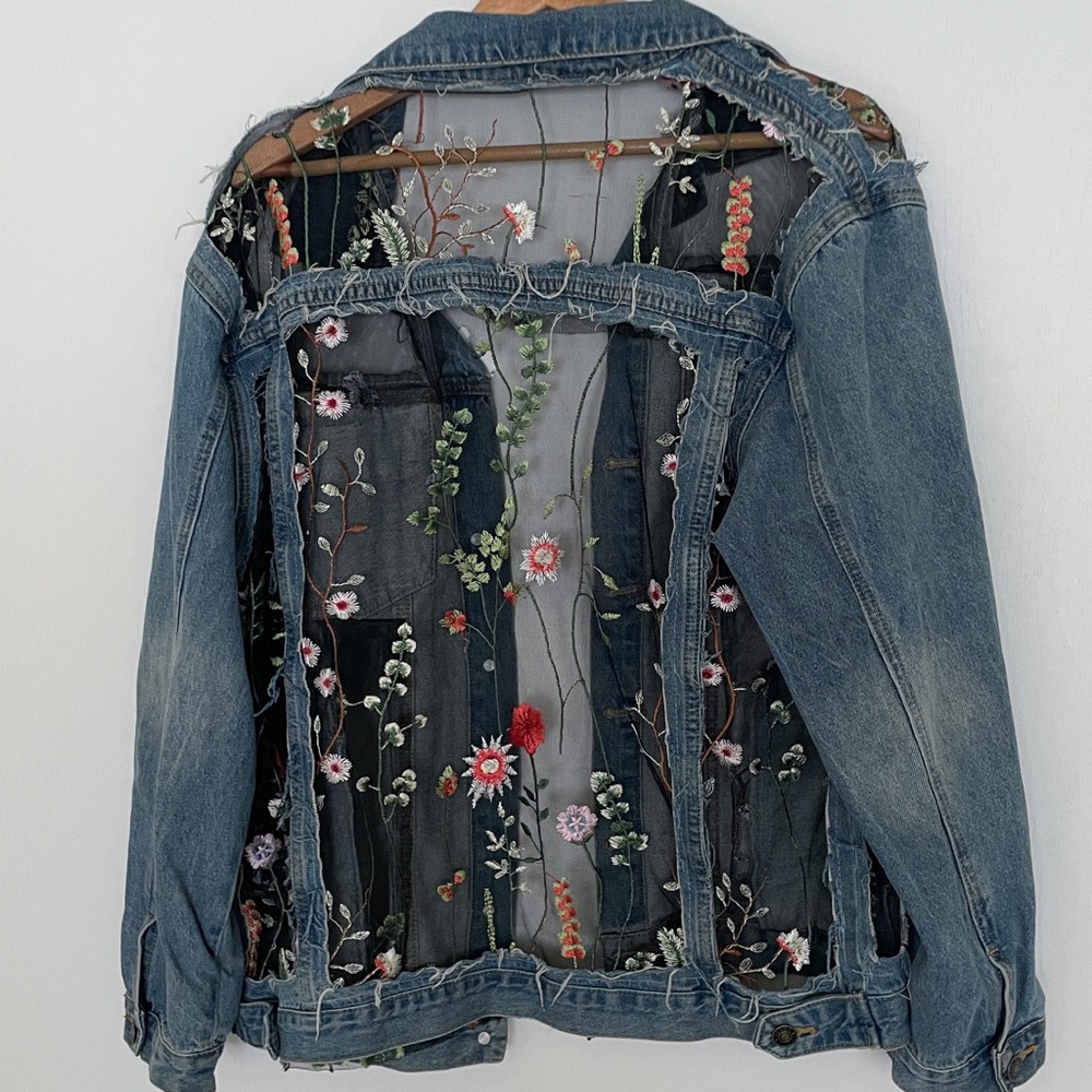 Vintage Floral Mesh Denim Jacket